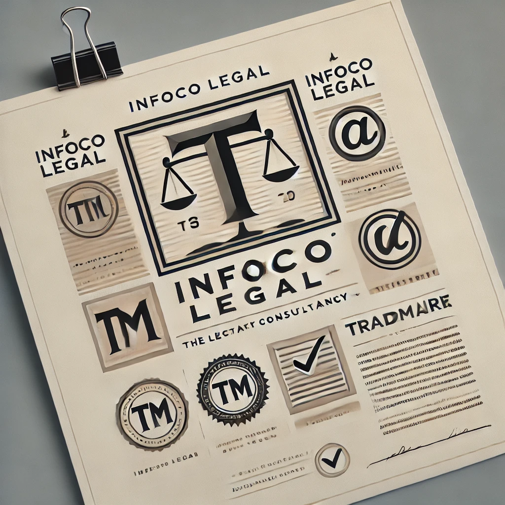 DALL·E 2024-08-20 12.54.46 - A professional logo for 'Infoco Legal' with a trademark-themed background. The logo should feature modern, clean typography with the company name 'Inf Trademark Registration in India